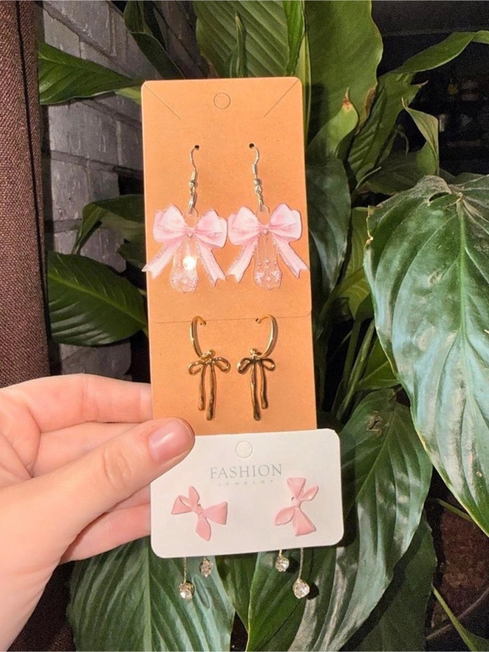 Pink Bow & Gold-Tone Earring Set NWT